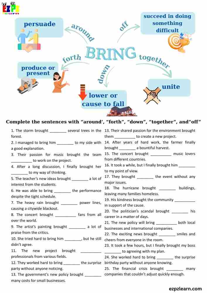 📘 Phrasal Verbs with “Bring” – 25 Sentence Worksheet | ESL Grammar Practice | Free PDF